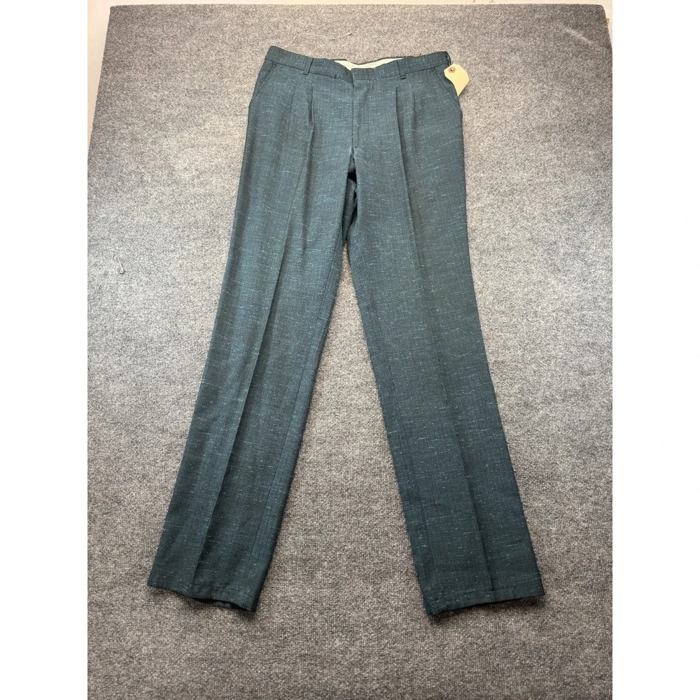 Vtg Mens Dress Pants 36x36 Teal Blue Pleated Formal Office Career Straight Leg